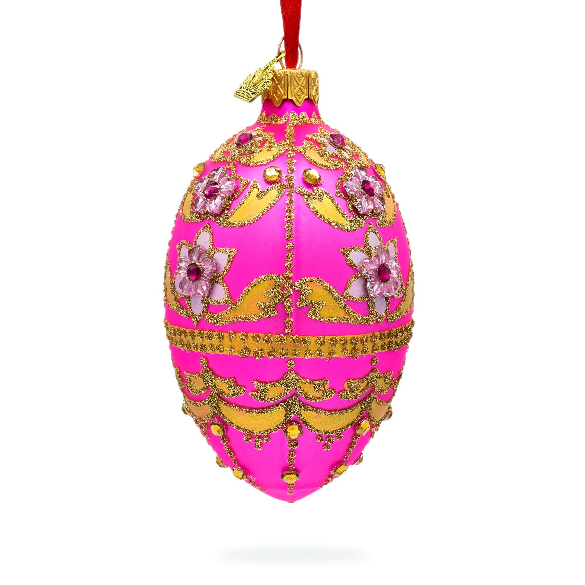 Jeweled Flowers on Pink Glass Egg Ornament